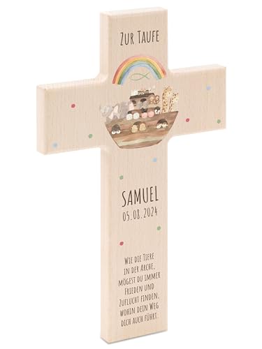 Bärenfreunde® - Personalisiertes Taufkreuz mit hochwertigem Spezial-Druck aus massivem Buchenholz - Taufe Geschenk - Holzkreuz Taufe (Arche Noah Tiere)