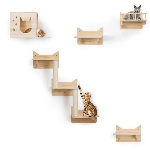MIUZMORE Katzenwandgestell aus Kiefernholz, Klettergerüst, Set mit 5 Katzenwandmöbeln, Katzenregalen und Sitzstangen für Wände, Sisalpfostenleiter, Katzenstufen und Katzenreiseplattform
