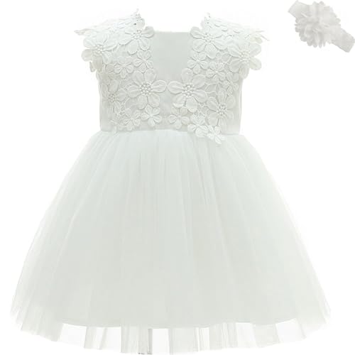 AHAHA Taufkleid Baby Mädchen Festlich Hochzeit Party Kleid Weiß 12M