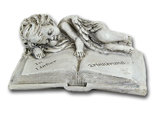 Bambelaa! Grabschmuck Deko Trauerartikel Grab-Engel auf Buch Grau Steinharz Friedhof Ca. 14 x 11 x 6 cm Wetterfest