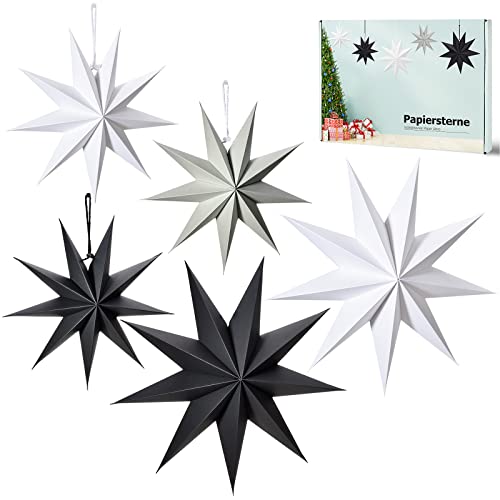 Linkbro 5 Stück Skandinavisch Papiersterne für Weihnachts Deko, 9 Zacken Weihnachtssterne, 30cm x 3 + 45cm x 2, zum Aufhängen Weihnachtsdekoration, Fensterdekoration(Schwarz,Weiß,Grau)