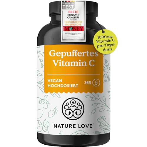 NATURE LOVE® Gepuffertes Vitamin C - Hochdosiert mit 1000mg Vitamin C je Tagesdosis - 365 Kapseln - pH-neutral & magenfreundlich - Vegan