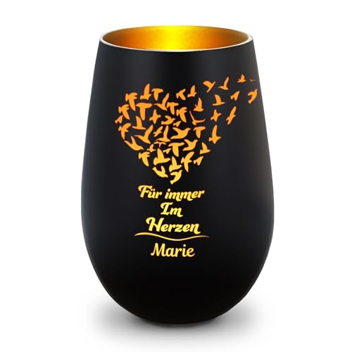 GRAVURZEILE Deko Windlicht aus Glas mit Gravur - Für Immer im Herzen - Personalisiert mit Namen - Trauer Windlicht aus Glas - Trauerlicht zur Beerdigung oder als Andenken - Schwarz/Gold