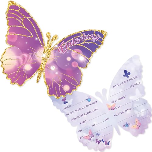 Tixlux 12 Einladungskarten zum Kindergeburtstag, 12 x 10 cm Schmetterlingen Einladungskarten, Geburtstagseinladungen für Mädchen und Jungen, Geburtstagseinladungen Kinder Geburtstagsfeier Kinderparty