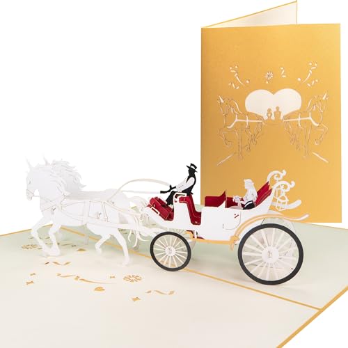 Sweetpopup® Handgemachte Hochzeitskarte Pop Up Karte zur Hochzeit, Verlobung - Edles Gold-Metallic-Papier | 3D Hochzeitskutsche & Brautpaar 044