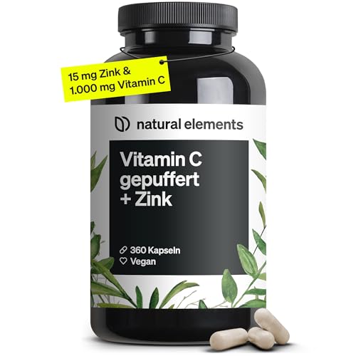 Vitamin C - 360 Kapseln - Hochdosiert mit 1000mg + 15mg Zink - Pflanzlich fermentiert & gepuffert (pH-neutral, säurefrei, magenschonend) - Laborgeprüft, vegan und in Deutschland produziert