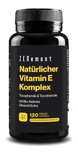 Natürlicher Vitamin-E-Komplex, Tocopherole & Tocotrienole, 120 Weiche Kapseln | mit Bio-Natives Olivenöl Extra | Vollspektrum | Antioxidans | Laborgeprüft, Frei von Soja | Zenement