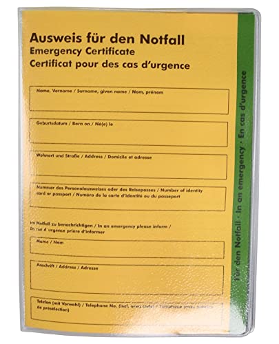 Internationaler Notfallpass + Schutzhülle transparent - Ausweis für den Notfall Deutsch/Englisch/Französisch/alle Gesundheitsrelevanten Angaben