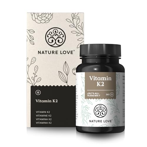 NATURE LOVE® Vitamin K2 MK7-365 Tabletten - 100µg pro Tablette - all-trans Gehalt >99,7% MK-7 Menaquinon - hochdosiert, vegan, laborgeprüft und in Deutschland produziert