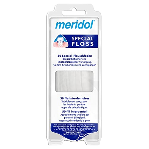meridol Zahnseide Special Floss, 1 x 50 Stück - zur Reinigung weiter Zahnzwischenräume, geeignet für Träger von Brücken, Kronen und Implantaten