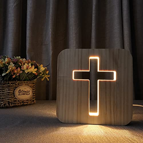 Jesus Kreuz Nachtlicht,Kreative Modellierung 3D Holzschnitzerei LED Nachtleuchte,USB-betriebener Warmweiß Licht Tischlampe Schlafzimmer Dekoration Holzlampe Beleuchtetes Geschenk Christen Religiös