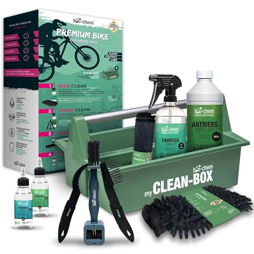 bio-chem Premium Fahrrad Reinigungsset 10-tlg für alle Fahrräder & E-Bikes | Effektive und schonende Pflegemittel: Fahrradreiniger, Antriebsentfetter, Antriebsöl, Fahrradpflege + hochwertiges Zubehör