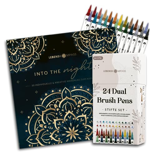 Lebenskompass Malbuchset "Nachtträume" für Erwachsene - Malbuch "Into The Night" mit Brush Pens - 30 Mandala Motive - Achtsamkeit und Ruhe durch Ausmalbuch