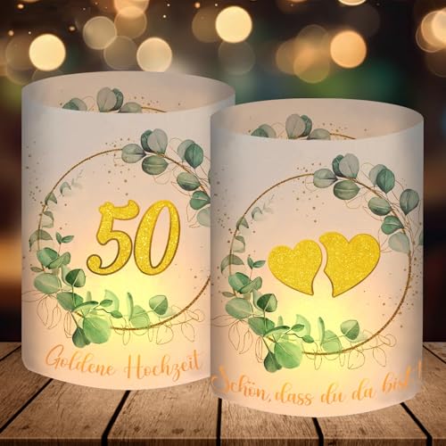 12 Windlicht Tischdeko Goldene Hochzeit, Goldene Hochzeit Deko Eukalyptus Grün, 50 Jahre Hochzeit Geschenk, 50. Hochzeitstag Geschenk, Tisch Deko zur Goldhochzeit, für Teelichter oder Kerzen