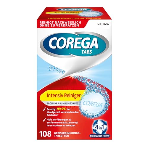 Corega Reinigungs-TABS Intensiv Reiniger Rundumschutz für herausnehmbaren Zahnersatz/dritte Zähne, 1x108 Gebissreinigungstabletten
