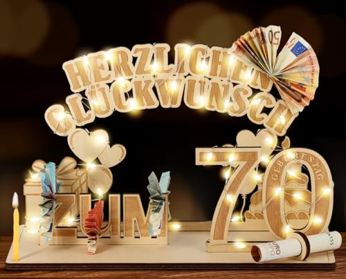 Giftota Original 70. Geburtstag Geldgeschenke Holz mit LED Lichterkette, Geschenke zum 70 Geburtstag Mann Frau, 70. Geburtstag Dekoration