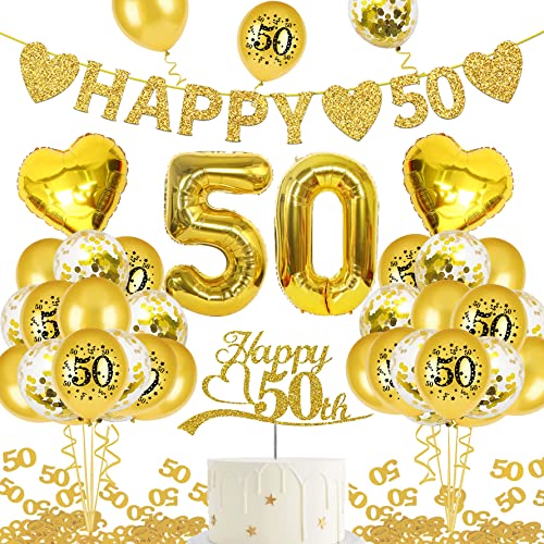 Goldene Hochzeit Deko, "HAPPY 50" Banner, Zahl Foil Luftballons und Latexballon, Gold Zahl 50 Konfetti, Cake Topper für Jubiläum Hochzeit Deko, 50. Geburtstag Deko (goldene hochzeit)